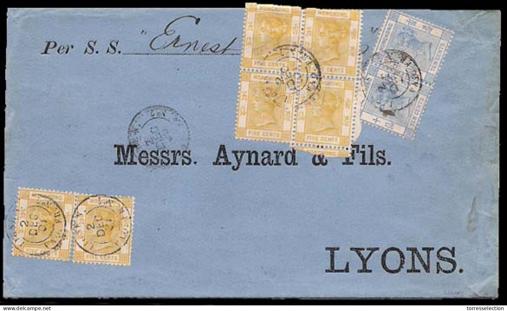 HONG KONG. 1901. Blue Envelope Addressed To Lyon/France, Franked With Hg.Kg. 5 Cts Yellow (S.G.58), Pair And BLOCK F FOU - Other & Unclassified