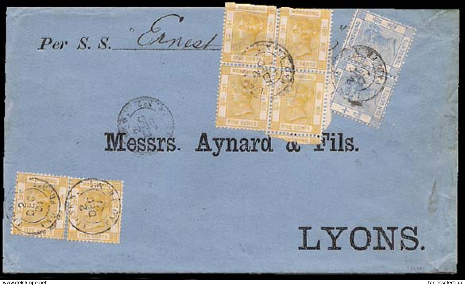 HONG KONG. 1901. Blue Envelope Addressed To Lyon/France, Franked With Hg.Kg. 5 Cts Yellow (S.G.58), Pair And BLOCK F FOU - Sonstige & Ohne Zuordnung