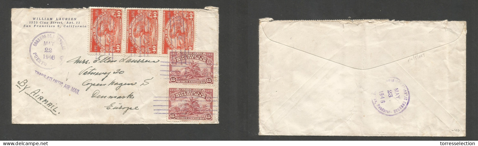 HONDURAS. 1946 (22 May) Puerto Cortes - Denmark, Cph. Air Transatlantic Multifkd Env, Special Cachet + 1,50p Rate. Fine  - Honduras