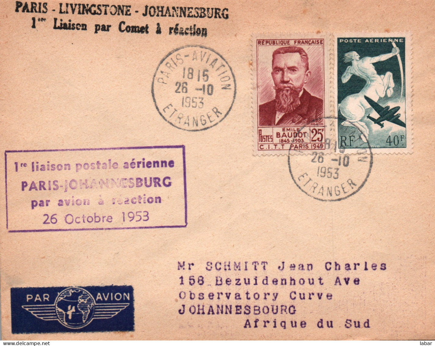 LETTRE / SCOTEM / PREMIERE  Liaison Par Avion A Réaction 1953 / PARIS JOHANNESBURG - 1927-1959 Oblitérés