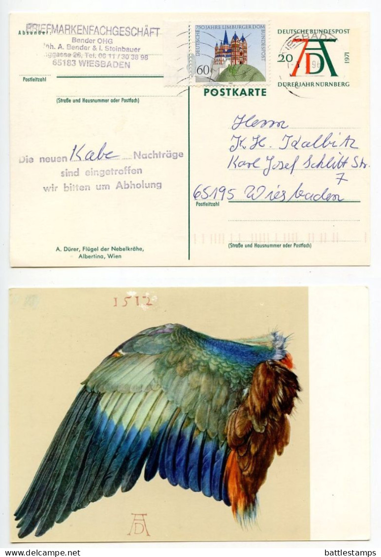 Germany 1996 Uprated 20pf. Albrecht Dürer Postal Card - Bird's Wing; Wiesbaden Cancel - Cartes Postales Illustrées - Oblitérées