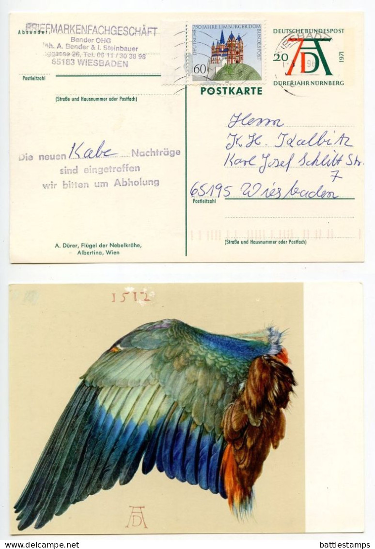 Germany 1996 Uprated 20pf. Albrecht Dürer Postal Card - Bird's Wing; Wiesbaden Cancel - Illustrated Postcards - Used