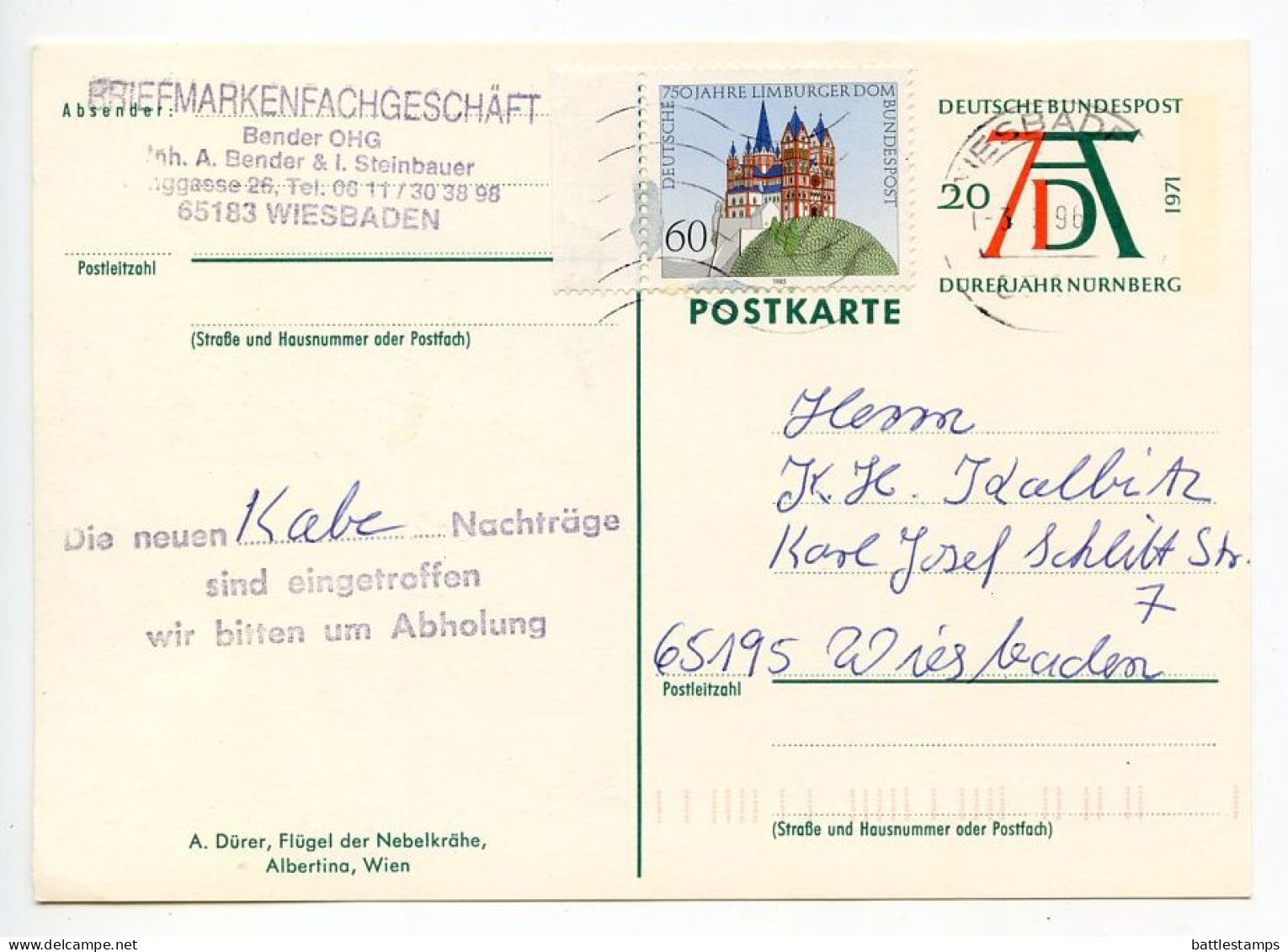 Germany 1996 Uprated 20pf. Albrecht Dürer Postal Card - Bird's Wing; Wiesbaden Cancel - Cartes Postales Illustrées - Oblitérées