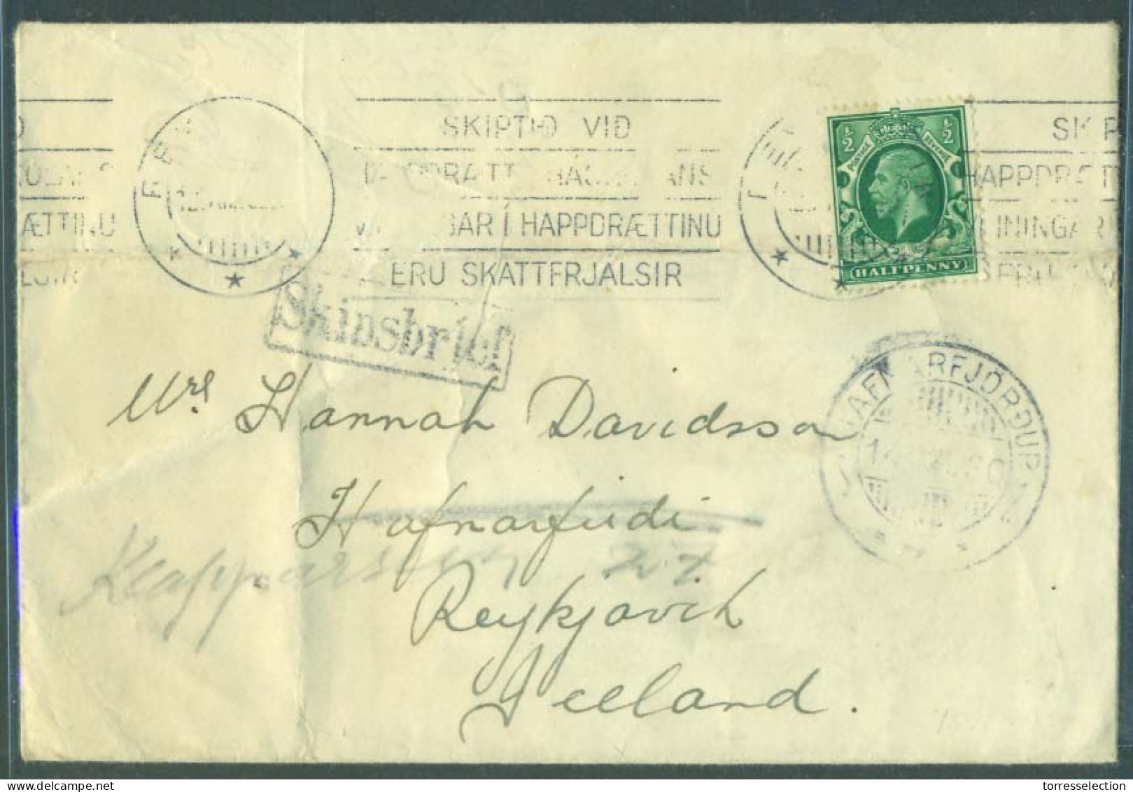 ICELAND. 1930. GB Franked Env Arriving By Ship / Skipsbrief + Cancelled At Reykjavik Fwded Locally With Hafna Rfjordur C - Sonstige & Ohne Zuordnung