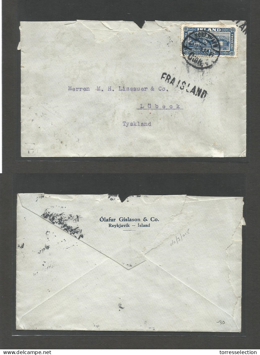 ICELAND. 1911 (14 Jan) Reykyakik - Germany, Lubeck. Simple 35 Aux Blue Fkd Envelope, Tied Copenhagen Cds + "FRA ISLAND"  - Sonstige & Ohne Zuordnung