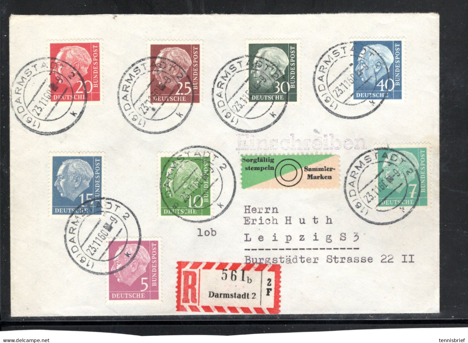 Heuss 1954-60 , Heuss Lumogen Kpl. 8 Werte, Klar Gest. " DARMSTADT -23.11.60 " Mi. Lose € 465,- #1556 - Usados