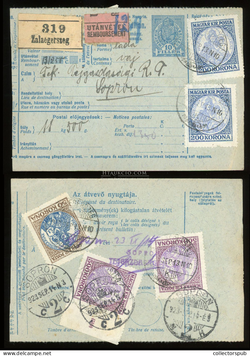 ZALAEGERSZEG 1923. Inflációs Csomagszállító 5db-os Három Színű Koronás Madonna Bérmentesítéssel Sopronba - Lettres & Documents