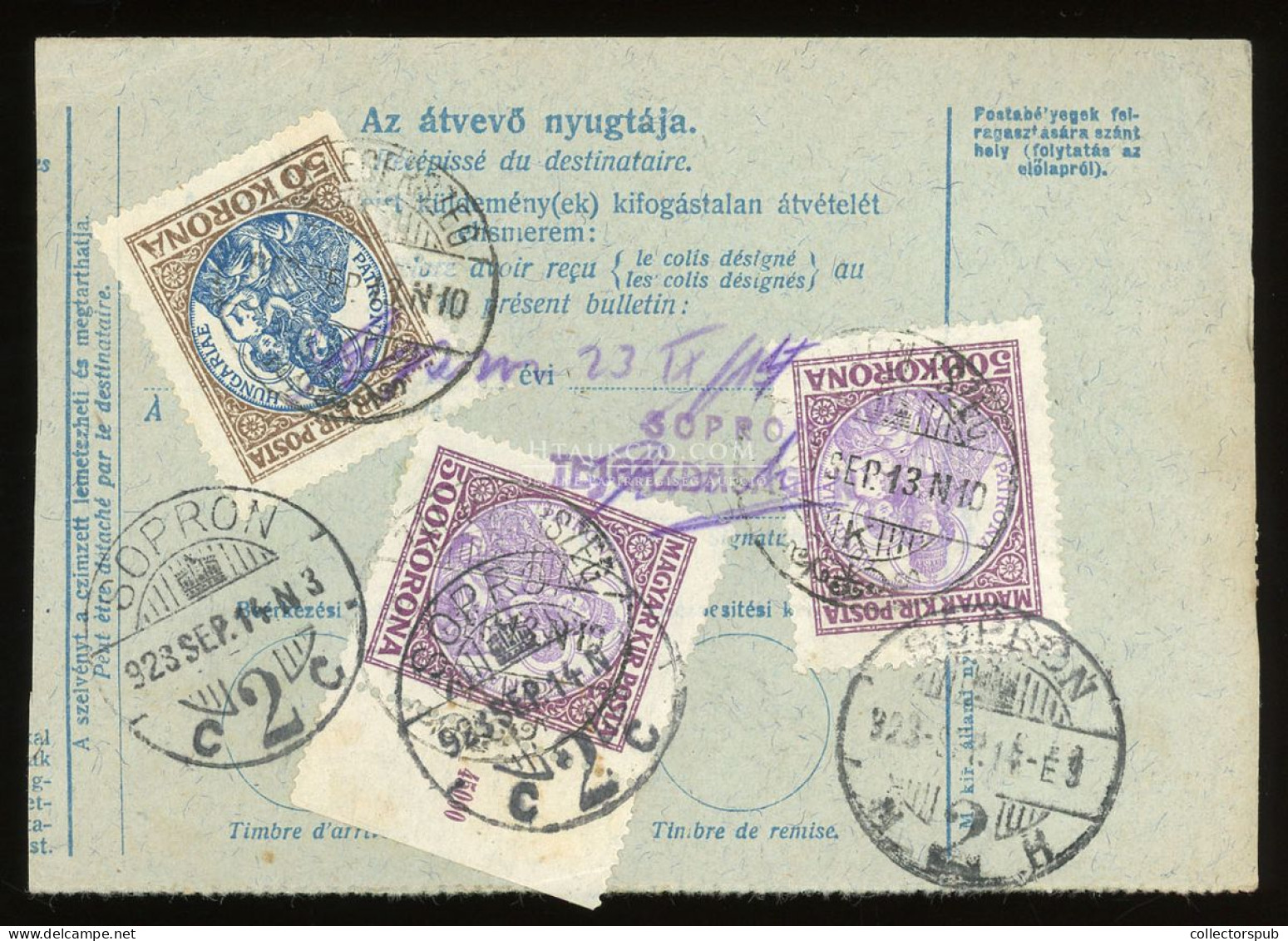 ZALAEGERSZEG 1923. Inflációs Csomagszállító 5db-os Három Színű Koronás Madonna Bérmentesítéssel Sopronba - Storia Postale