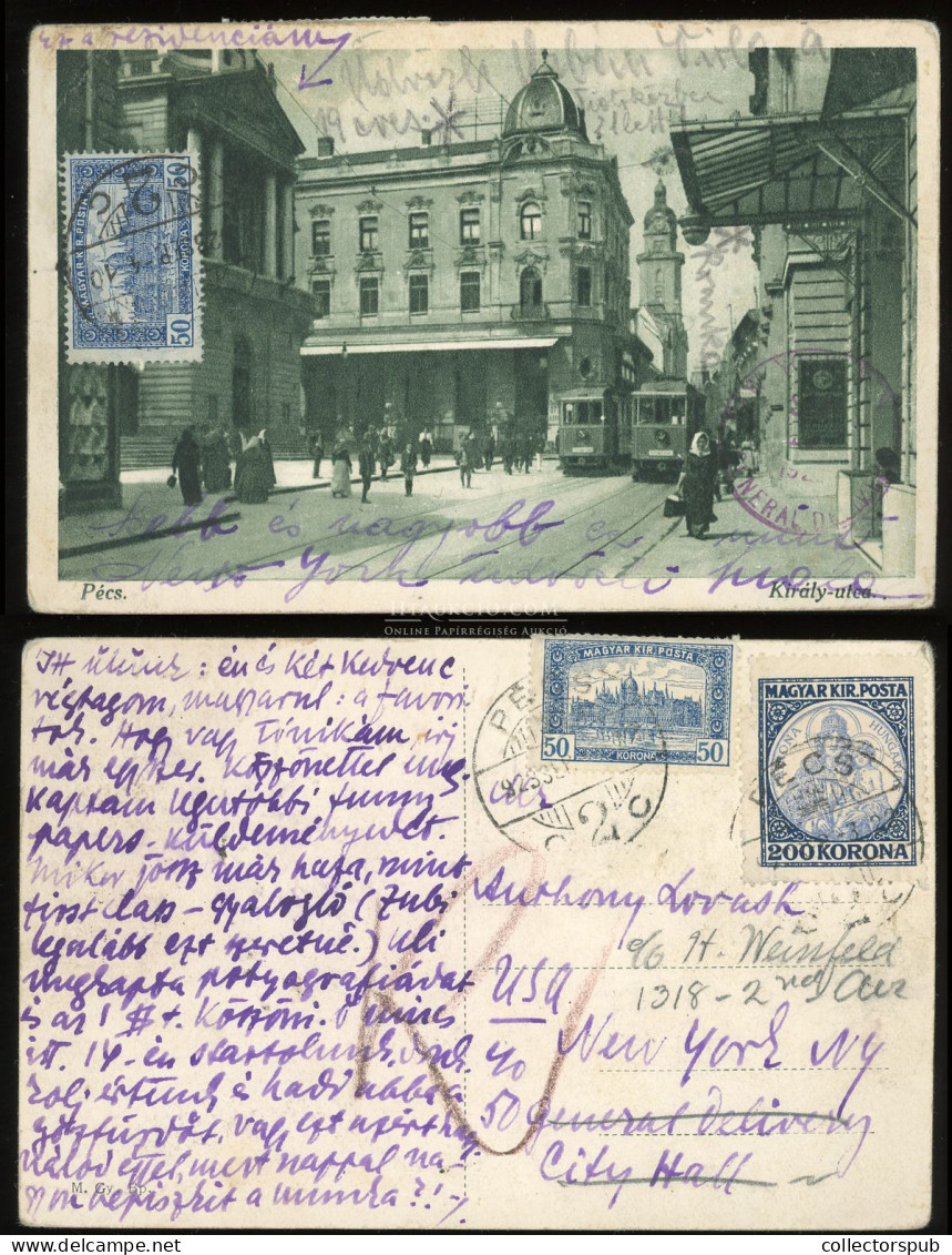 PÉCS 1923. I. Infláció, Képeslap 300K Vegyes Bérmentesítéssel New York-ba Küldve - Cartas & Documentos