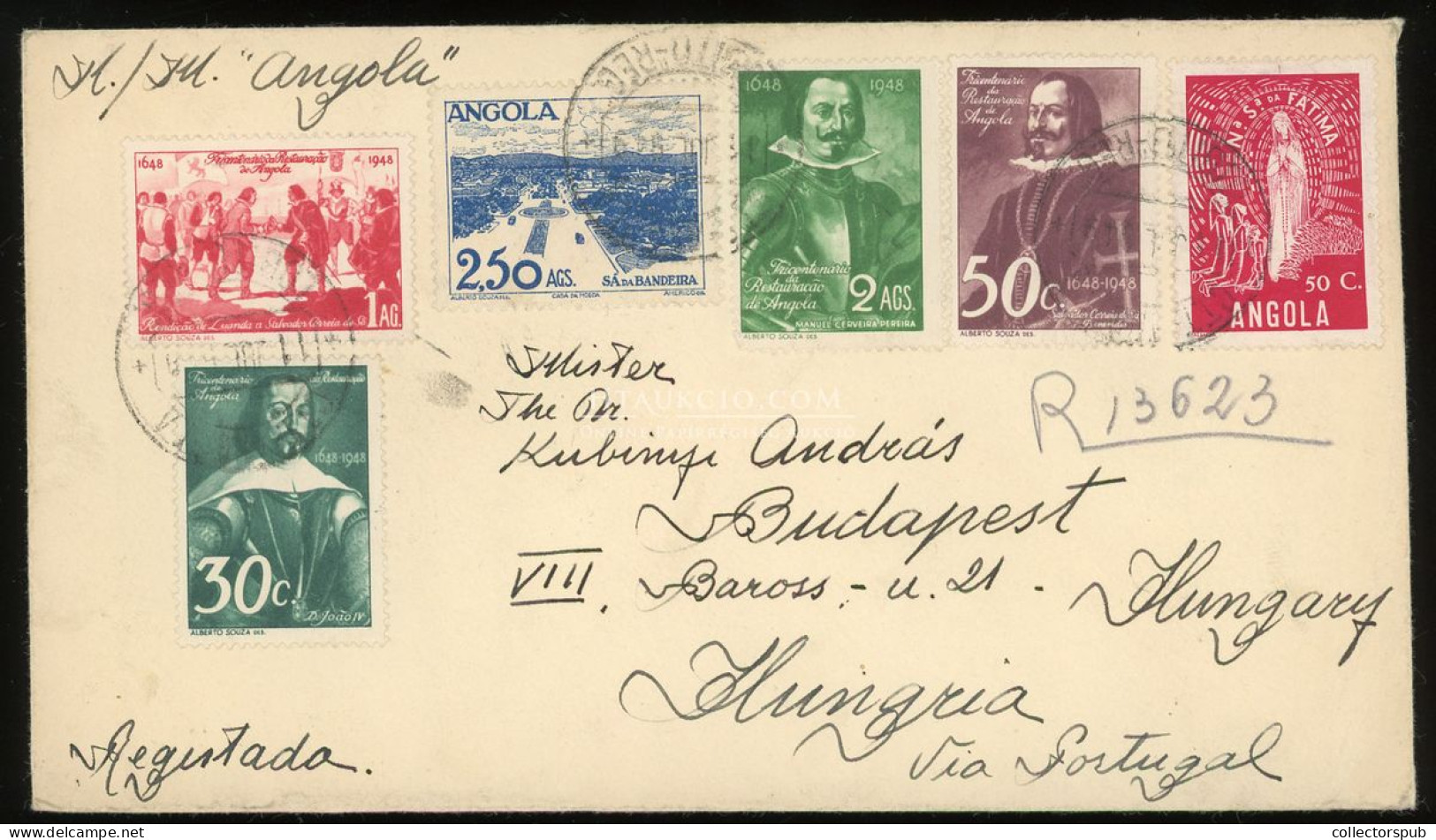 ANGOLA 1949. Dekoratív Ajánlott Levél Budapestre Küldve - Angola