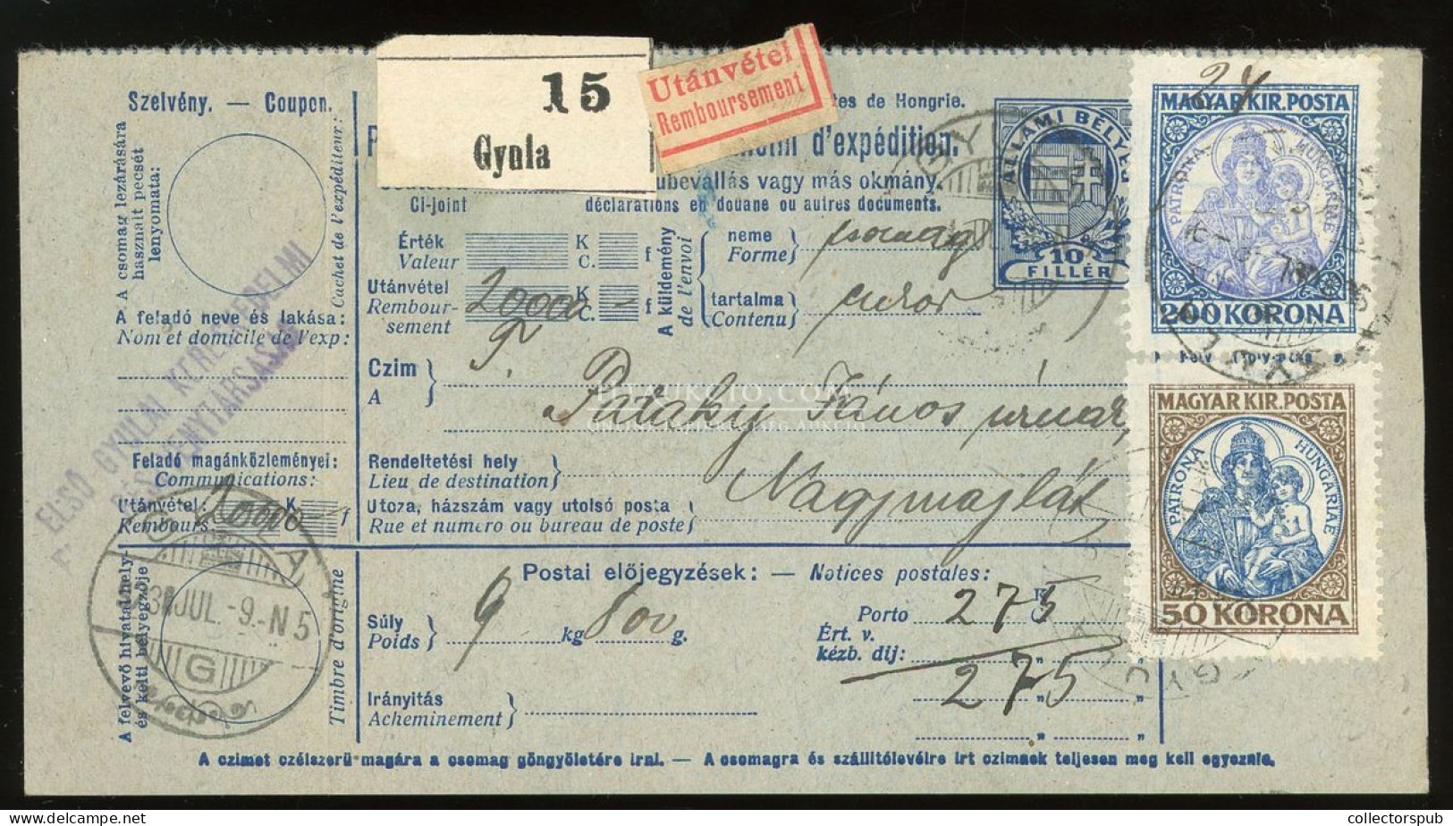 GYULA 1923. Utánvételes Inflációs Csomagszállító Nagymajlátra Küldve Madonna-Hivatalos Bélyegekkel - Lettres & Documents