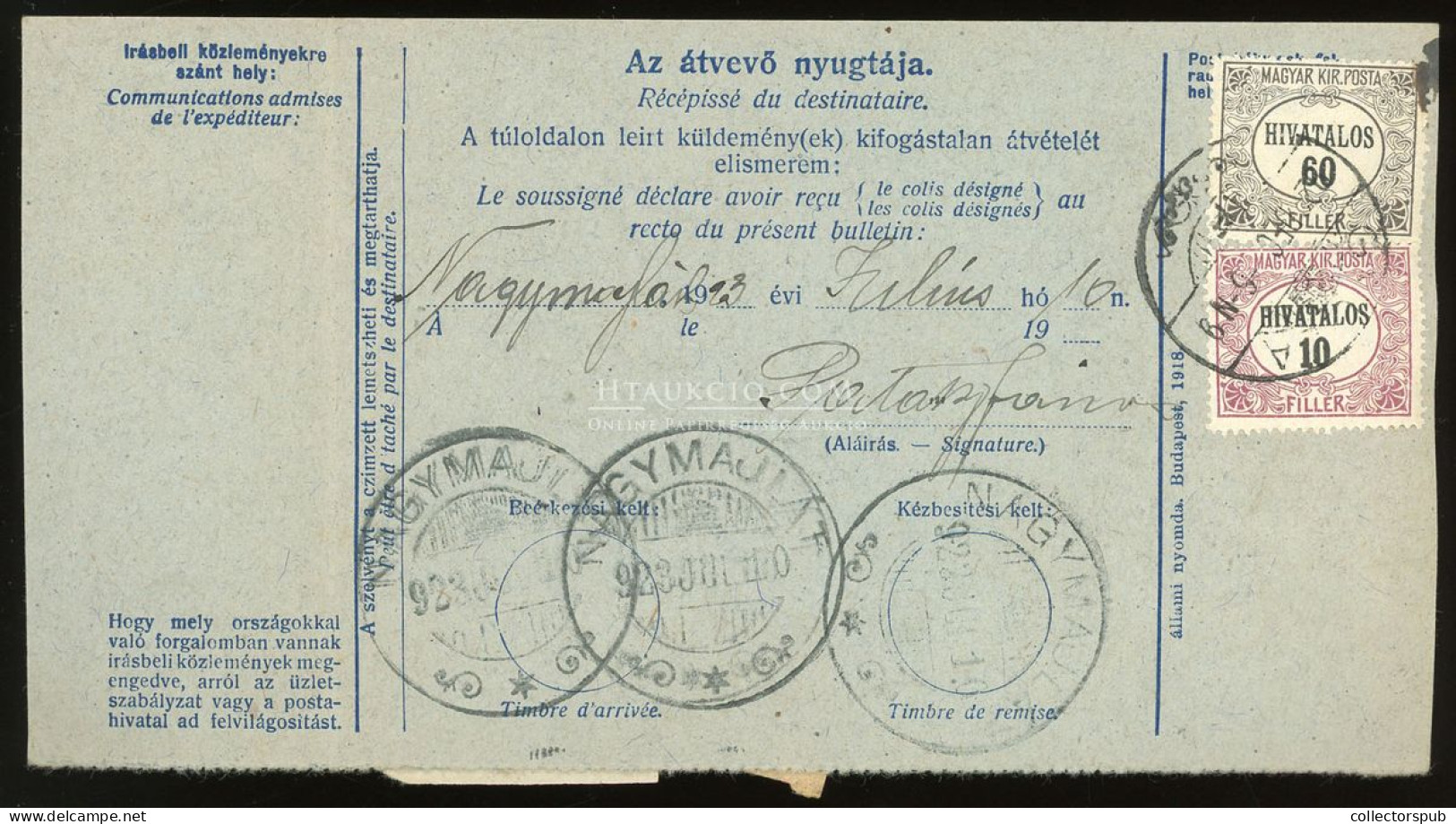 GYULA 1923. Utánvételes Inflációs Csomagszállító Nagymajlátra Küldve Madonna-Hivatalos Bélyegekkel - Lettres & Documents