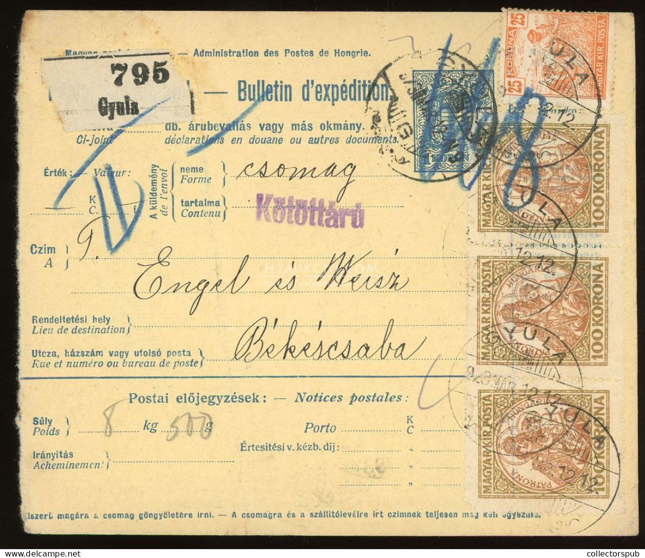 GYULA 1923. Dekoratív, Inflációs Csomagszállító Békéscsabára - Lettres & Documents