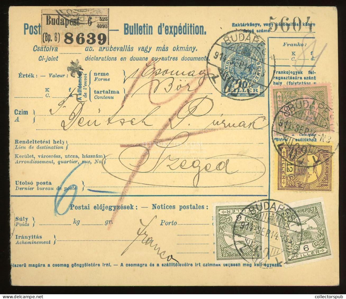 BUDAPEST 1914. Csomagszállító Szegedre Küldve 2db Erősen Elfogazott, Emiatt Ollóval Vágott 6f-el!! Érdekes! - Storia Postale