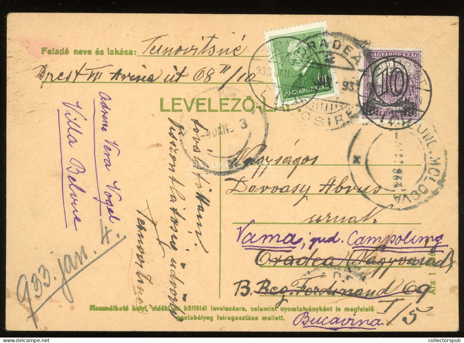 BUDAPEST 1933. Érdekes Levlap Romániába Küldve, Tovább Küldve Bukovinába - Brieven En Documenten