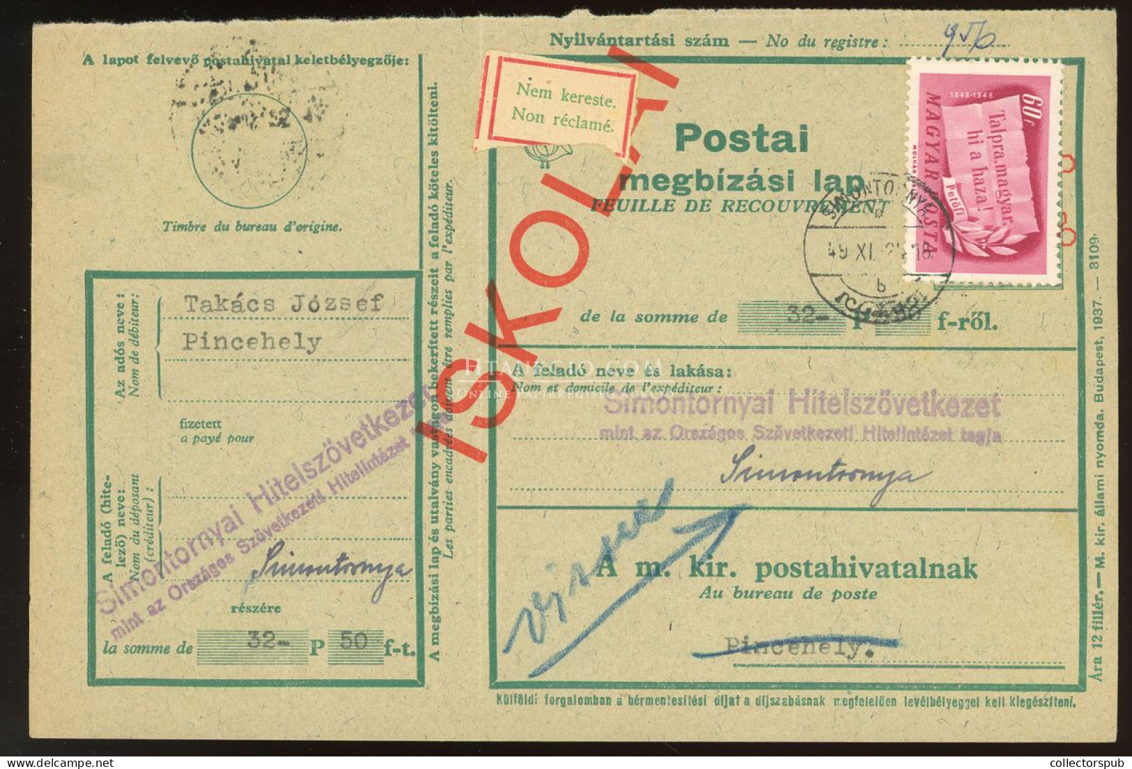 SIMONTORNYA 1949. Megbízási Lap - Storia Postale