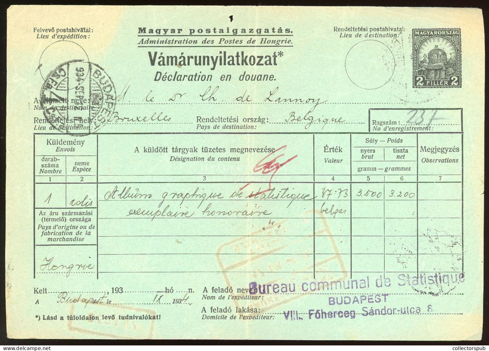 1934. Díjjegyes Vámárunyilatkozat Budapest > Belgium - Covers & Documents