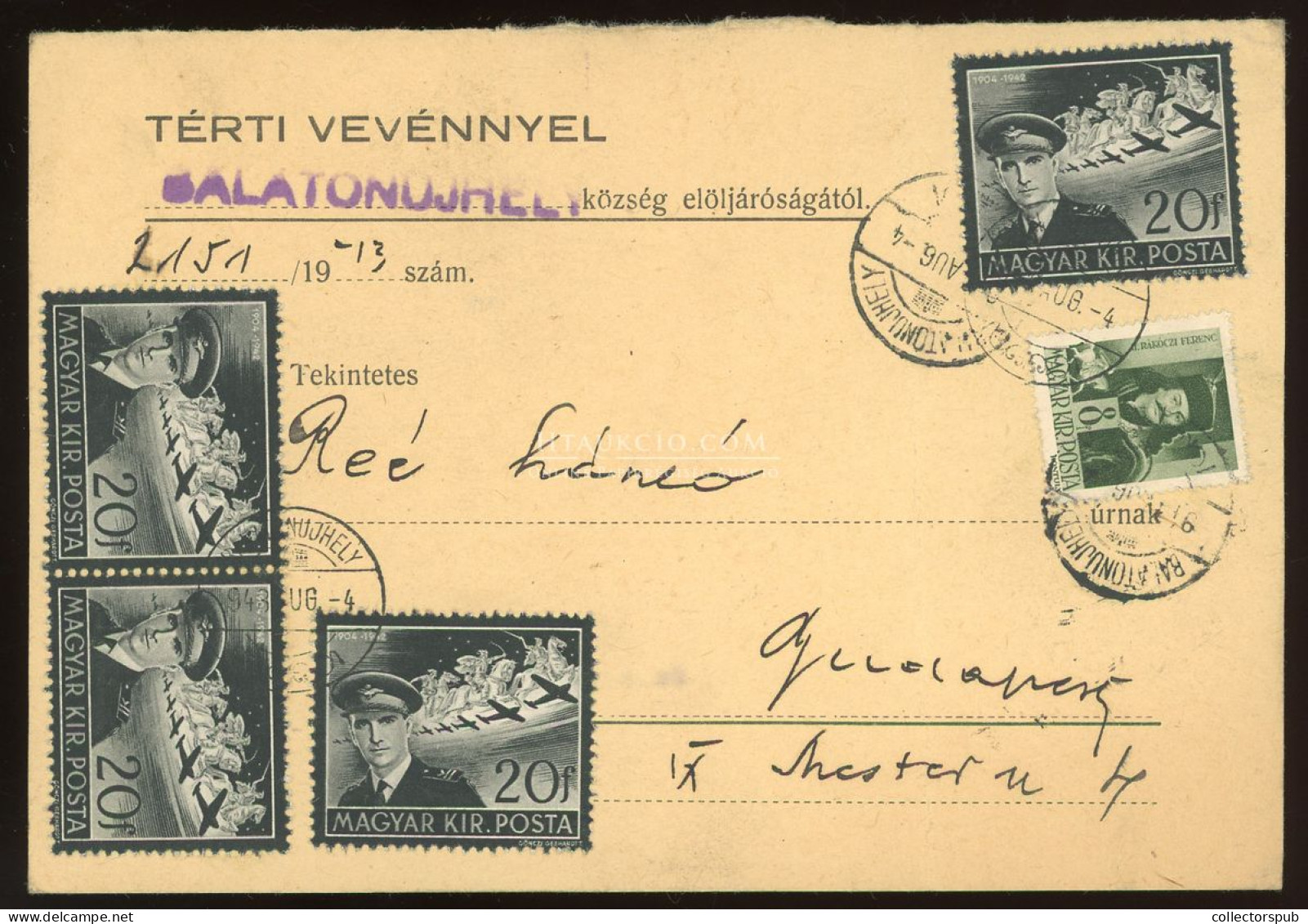 BALATONUJHELY 1943. Érdekes, Tértivevényes Levlap  Budapestre - Storia Postale