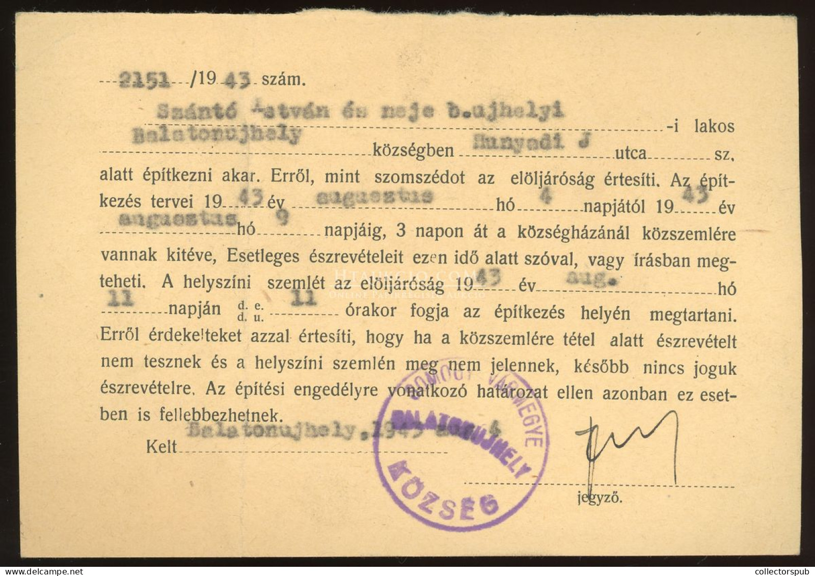 BALATONUJHELY 1943. Érdekes, Tértivevényes Levlap  Budapestre - Brieven En Documenten