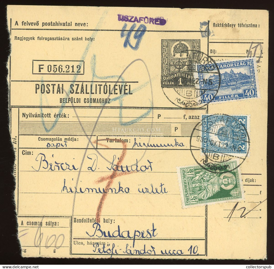 TISZAFÜRED 1930. Csomagszállító, Ritka Vegyes Bérmentesítéssel - Cartas & Documentos