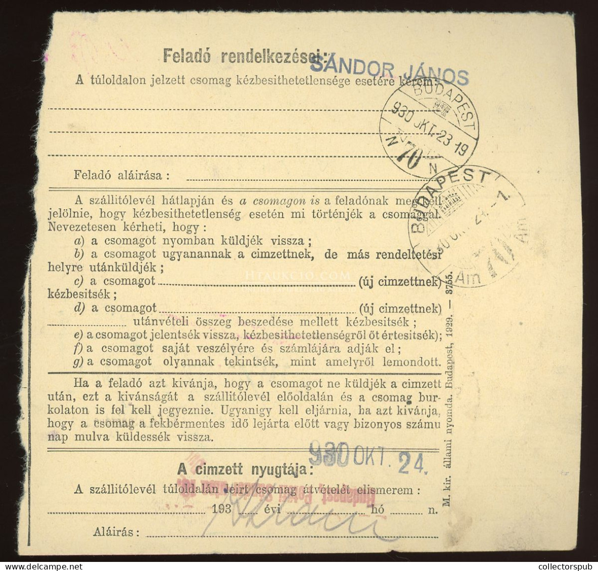 TISZAFÜRED 1930. Csomagszállító, Ritka Vegyes Bérmentesítéssel - Lettres & Documents