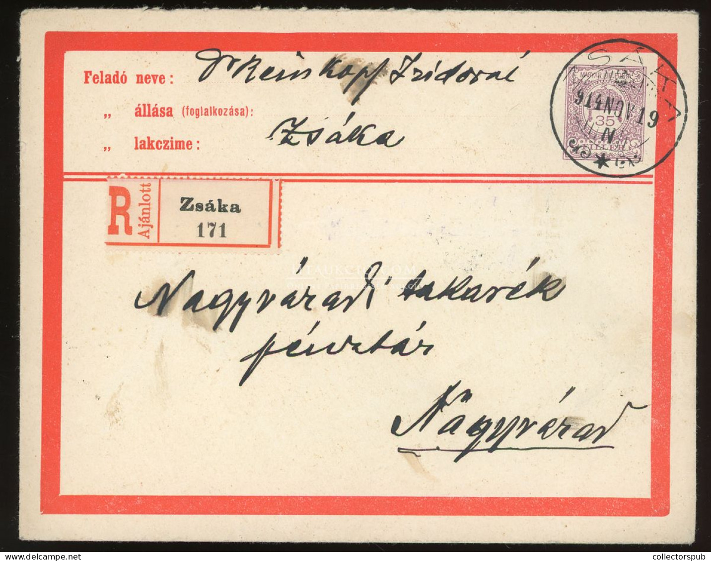 ZSÁKA 1914. Ajánlott Díjjegyes Boríték Nagyváradra - Lettres & Documents