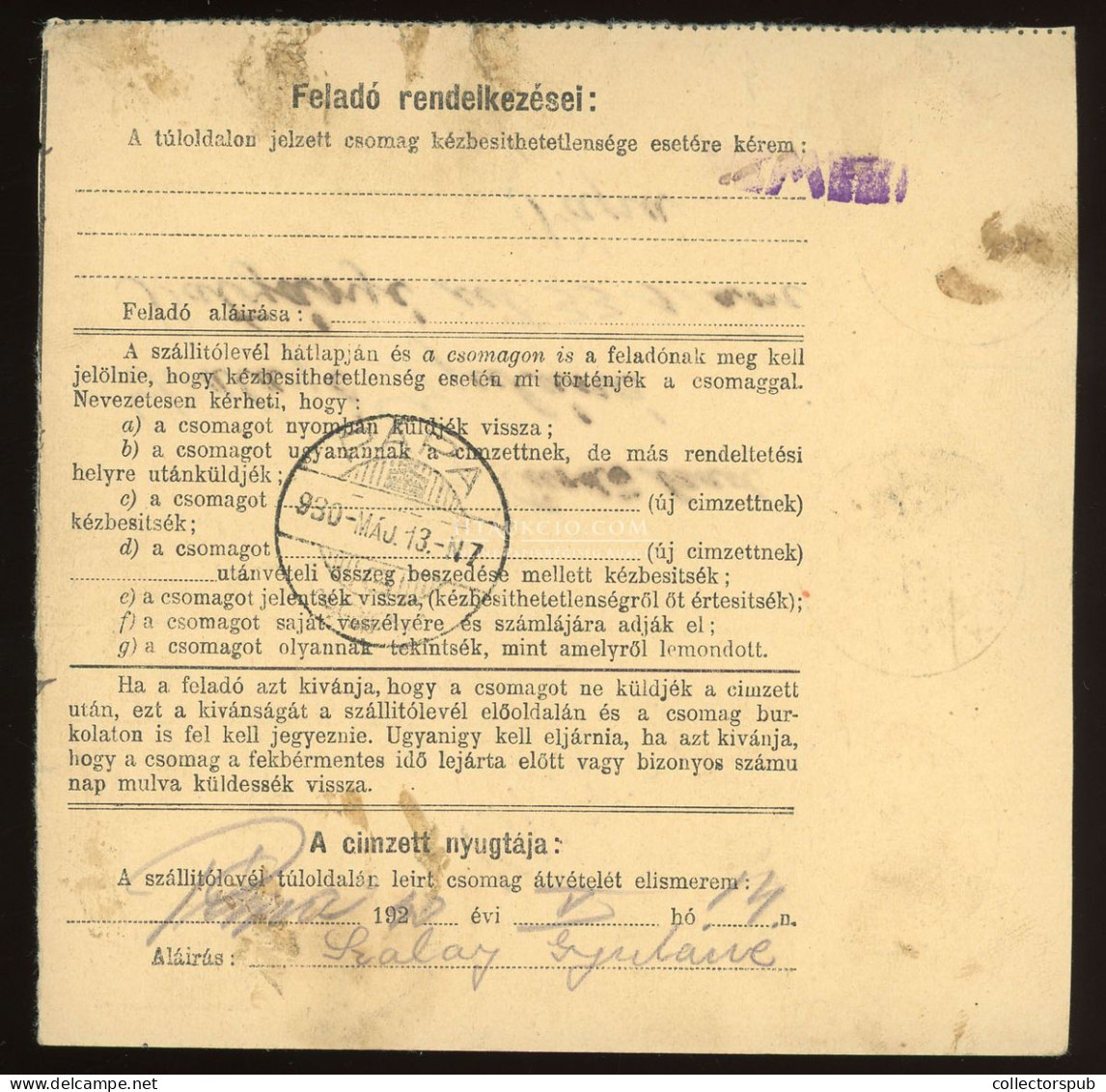 KALOCSA 1930. "terjedelmes" Csomagszállító Pápára - Lettres & Documents