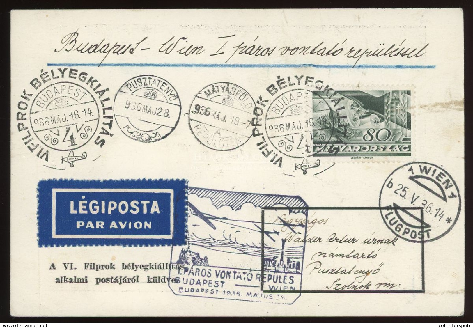 1936. MÁTYÁSFÖLD 1936. FILPROK Dekoratív Alk. Légi Levlap  Bécs > Pusztatényő - Storia Postale