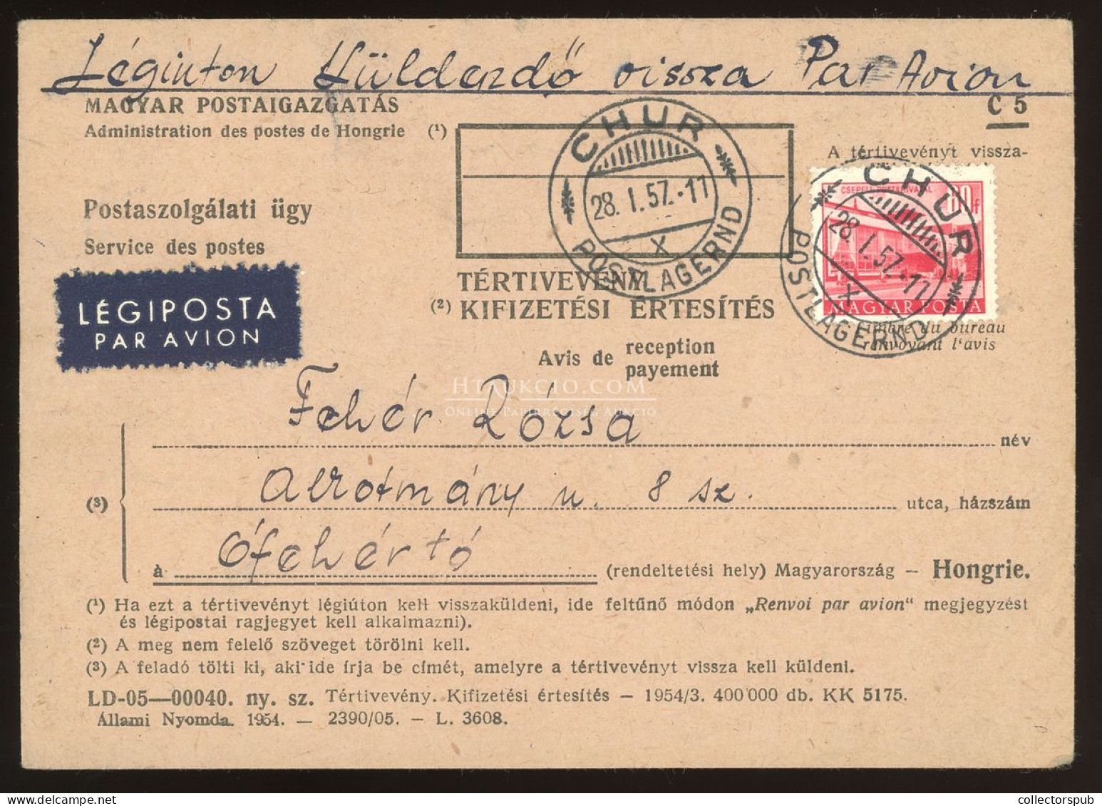 1957. Tértivevény Svájcból Légipostával Viszaküldve - Covers & Documents