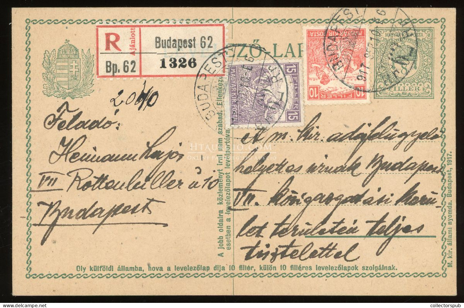 BUDAPEST 1917. Helyi Ajánlott, Kiegészített Díjjegyes Levlap - Cartas & Documentos