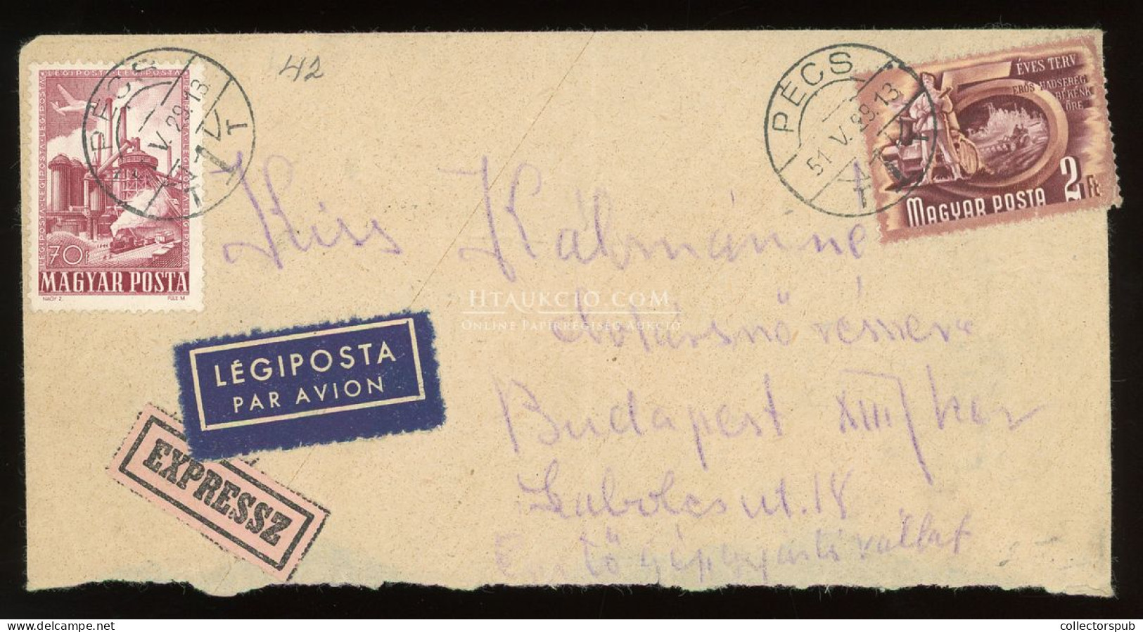 PÉCS 1951. Belföldi Expressz Légi Levél Budapestre! - Briefe U. Dokumente