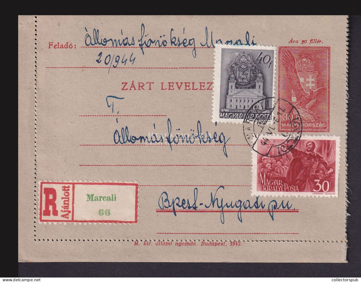 MARCALI 1944. Ajánlott, Kiegészített , Zárt Díjjegyes Levlap Budapestre - Briefe U. Dokumente