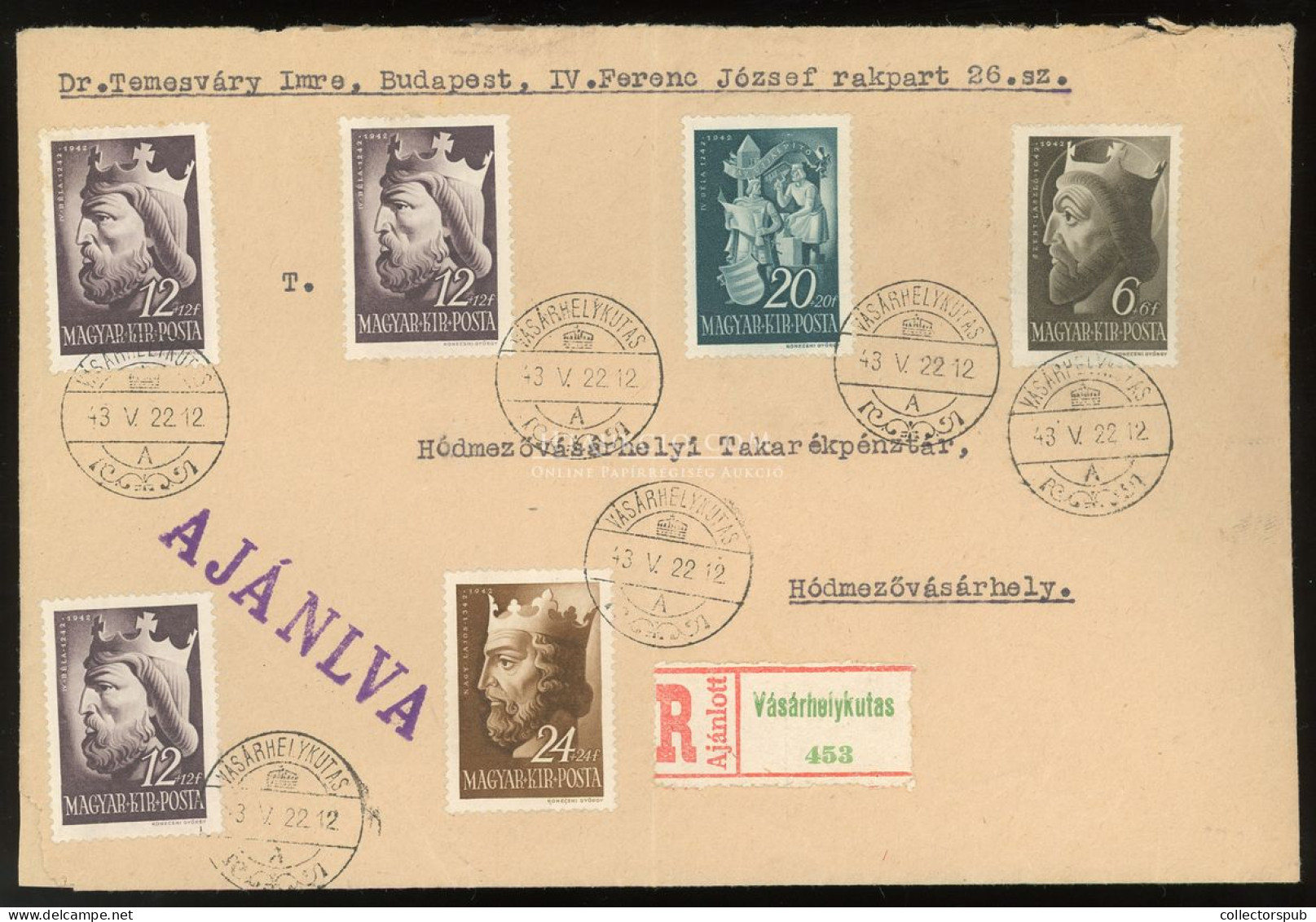 VÁSÁRHELYKUTAS 1943. Dekoratív Ajánlott Levél Hódmezővásárhelyre - Covers & Documents