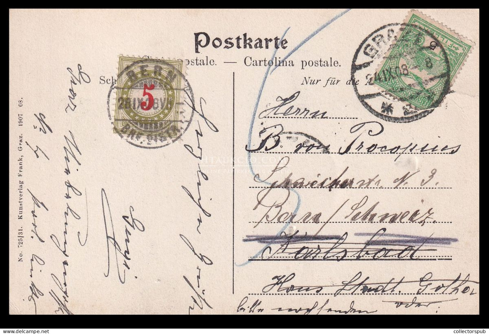 1908. Képeslap Graz-ból Turul 5f (!) Svájcba Küldve, Portózva! (Propocius Levelezés) - Cartas & Documentos