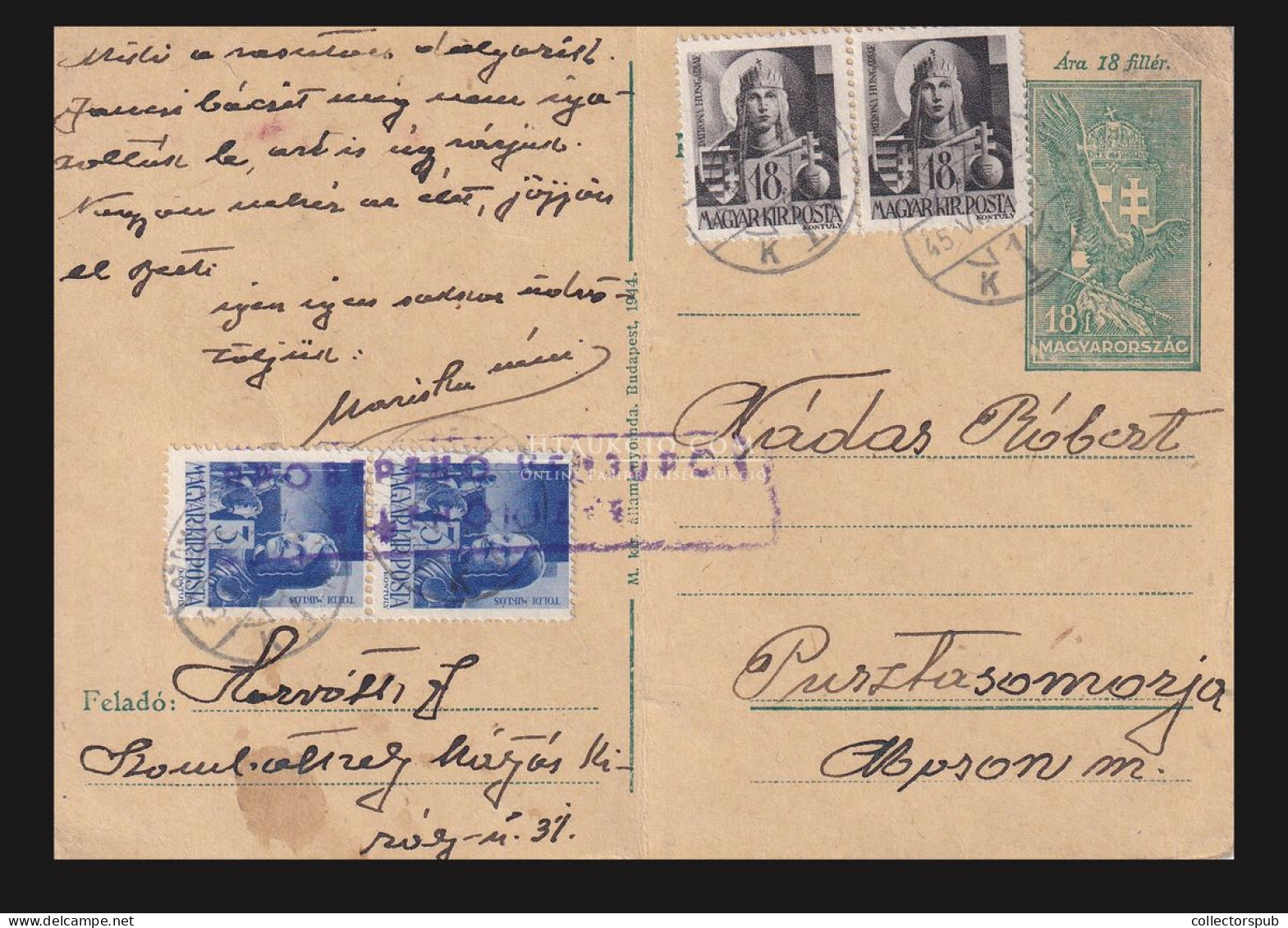 SZOMBATHELY 1945. Cenzúrázott Kiegészített Inflációs Díjjegyes Levlap Pusztasomorjára - Lettres & Documents