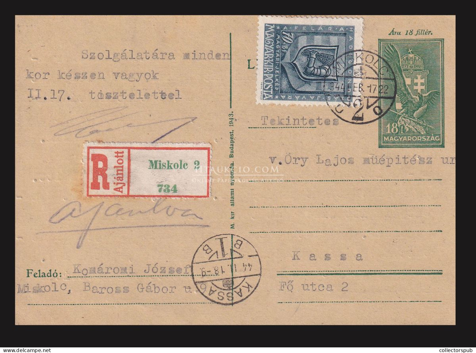 MISKOLC 1944. Ajánlott, Kiegészített Díjjegyes Lap Kassára - Cartas & Documentos