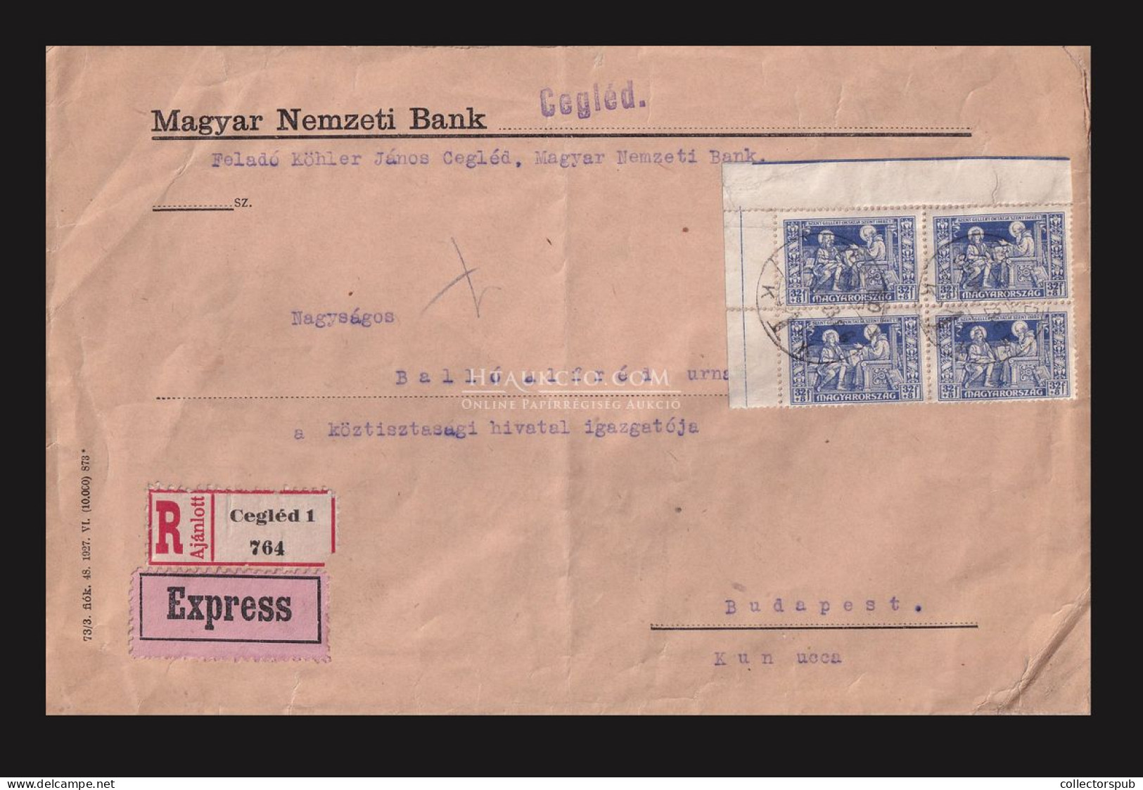 CEGLÉD 1930. Ajánlott Banklevél, Szent Imref ívszéli,  32f Négyestömbbel - Lettres & Documents