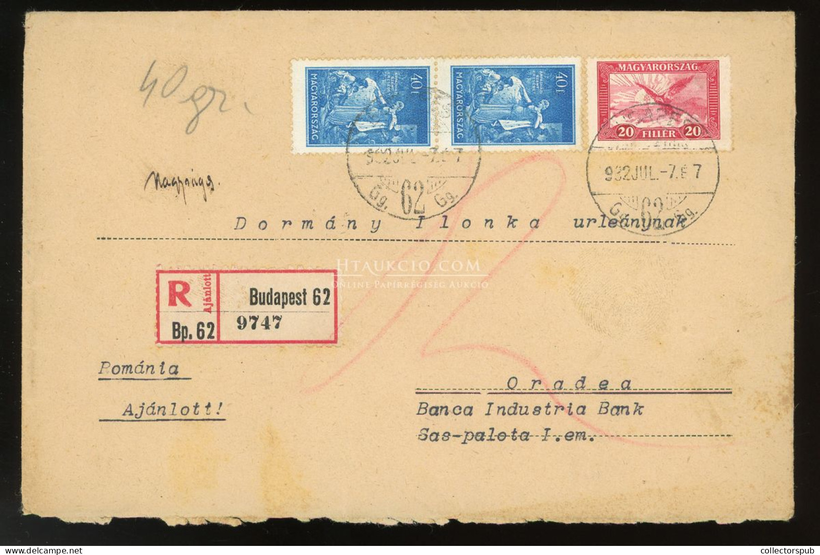BUDAPEST 1932. Dekoratív, Ritka Vegyes Bérmenetesítésű Ajánlott Levél Romániába - Briefe U. Dokumente