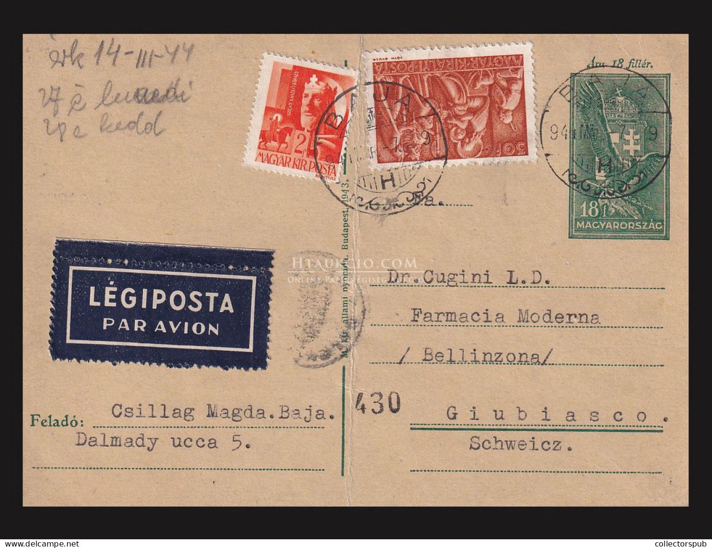 BAJA 1941. Kiegészített, Cenzúrázott Légi Díjjegyes Levlap Svájcba - Cartas & Documentos