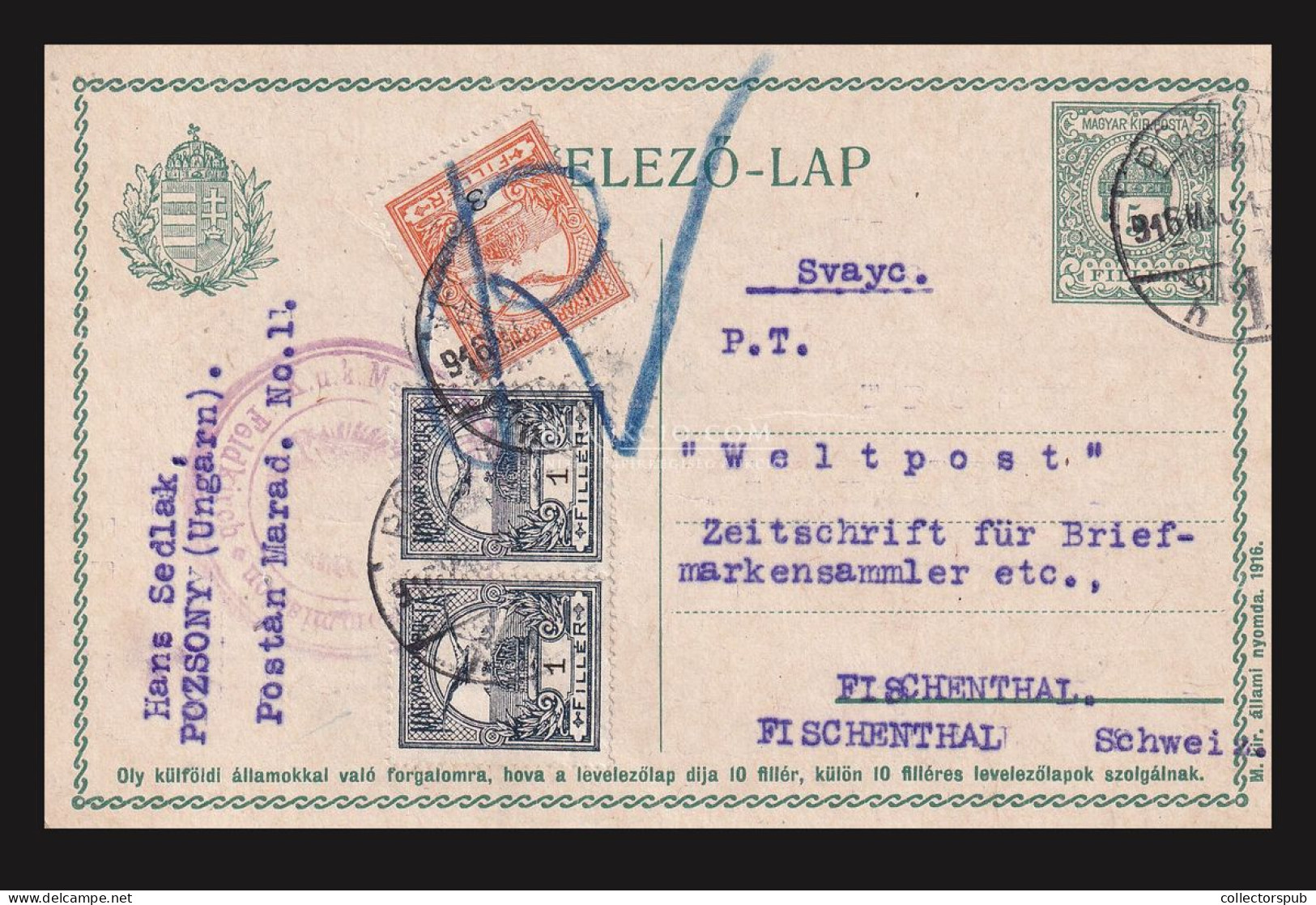POZSONY 1916. Dekoratív, Kiegészített Díjjegyes Levlap Svájcba - Briefe U. Dokumente