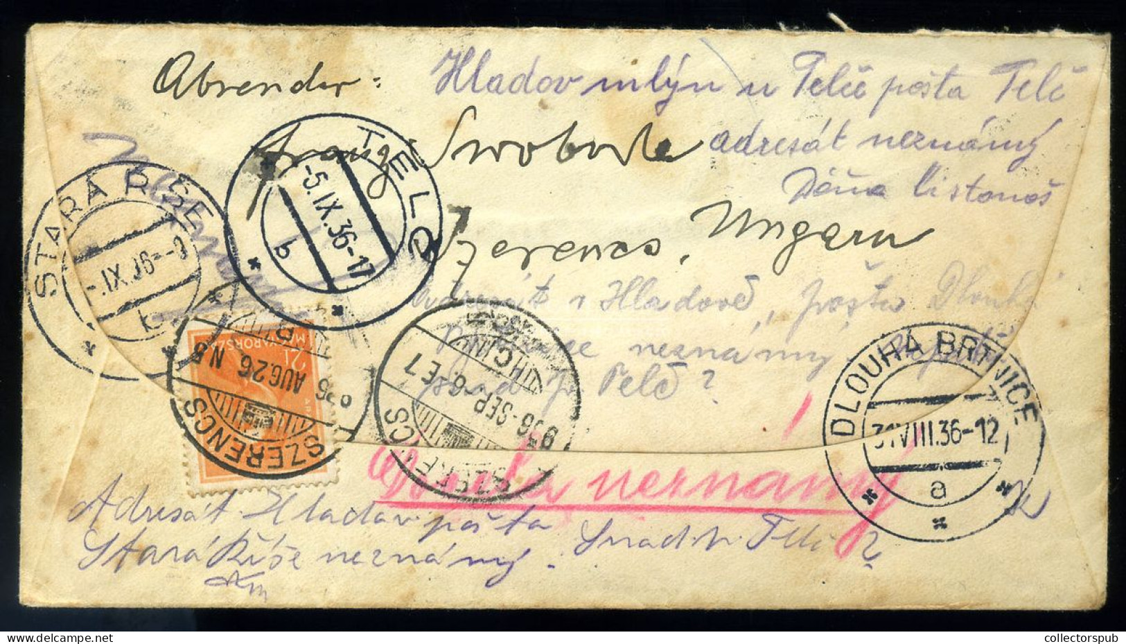 SZERENCS 1936. Érdekes Ajánlott Levél Csehszlovákiai Két Hetes Vándorlása.. - Cartas & Documentos