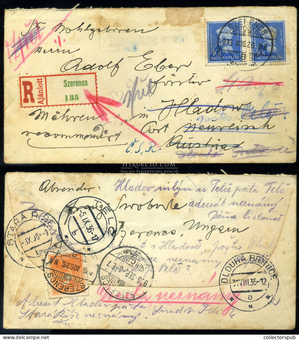 SZERENCS 1936. Érdekes Ajánlott Levél Csehszlovákiai Két Hetes Vándorlása.. - Covers & Documents