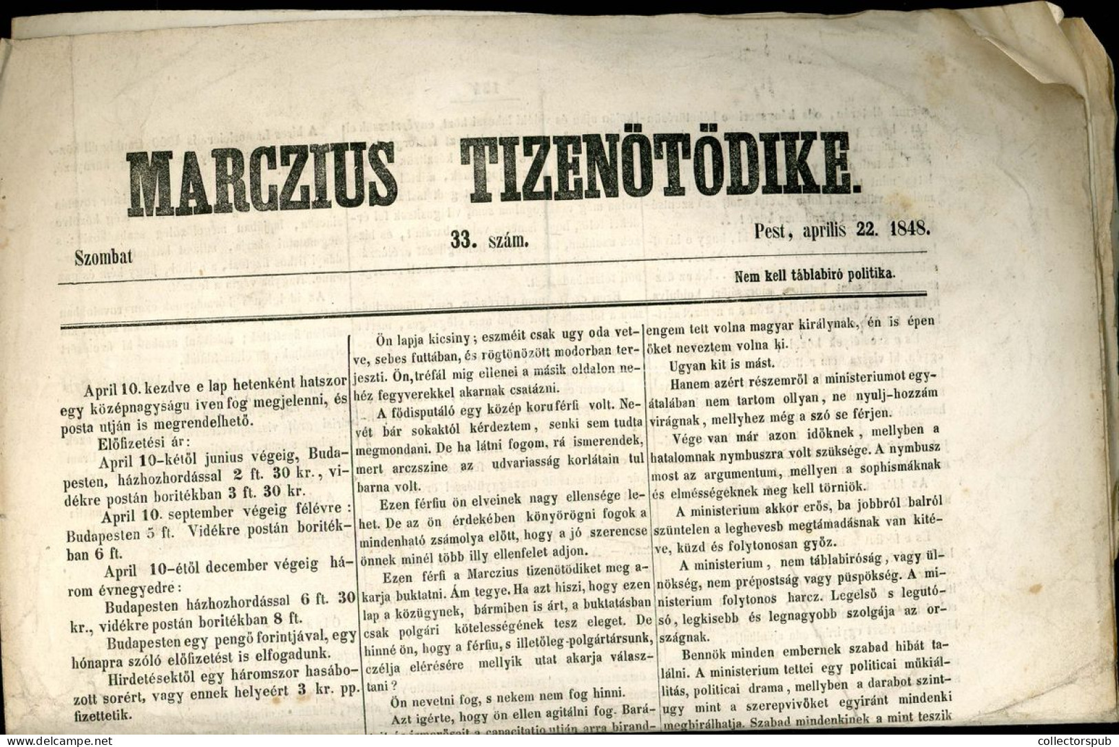 PEST 1848.04.22. A Marczius Tizenötödike Lap 33. Száma, Komplett, Hajtott - Documentos Históricos