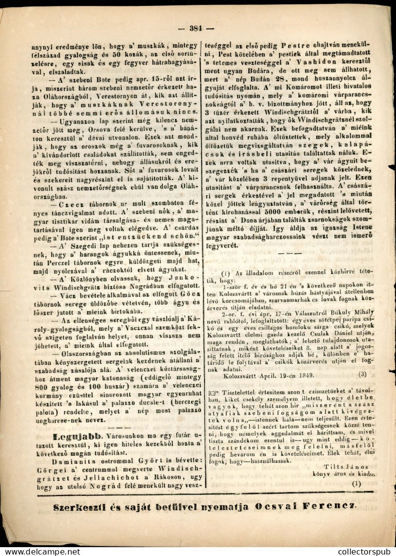 KOLOZSVÁR 1849.04.20. Honvéd, Lap 97. Száma, Komplett - Historical Documents