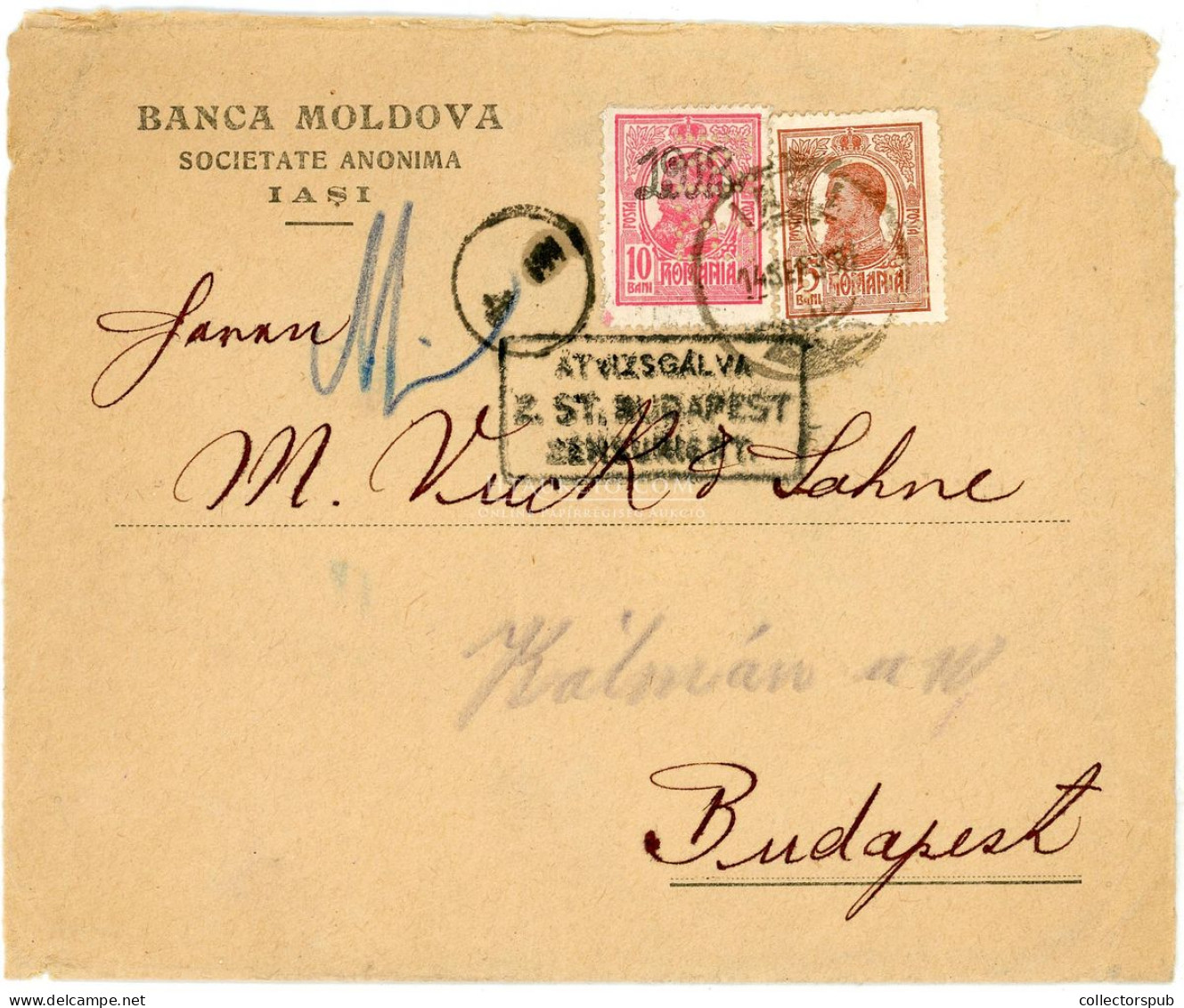 ROMÁNIA IASI , Cenzúrázott Banklevél Budapestre + Egy Előlap Céglukyas Bélyeggel - Lettres & Documents