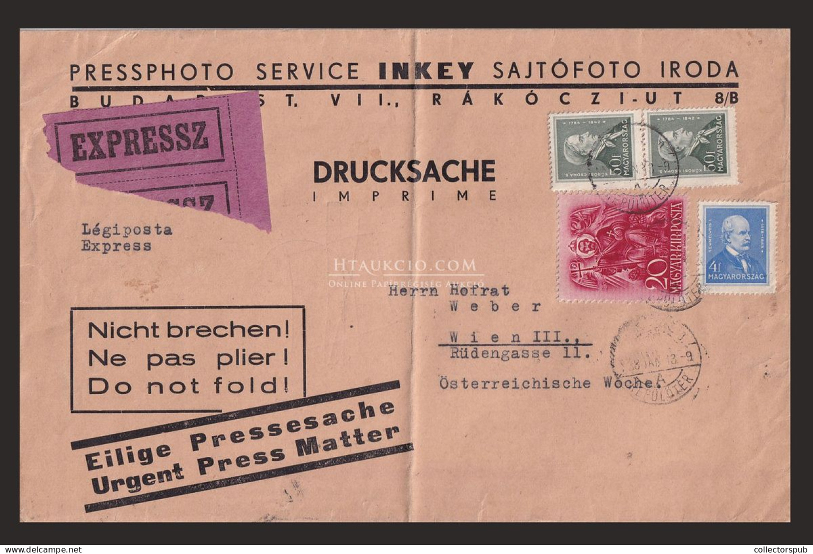 BUDAPEST 1938. Inkey Sajtófoto, Derokatív Expressz Nyomtatvány Bécsbe! - Covers & Documents