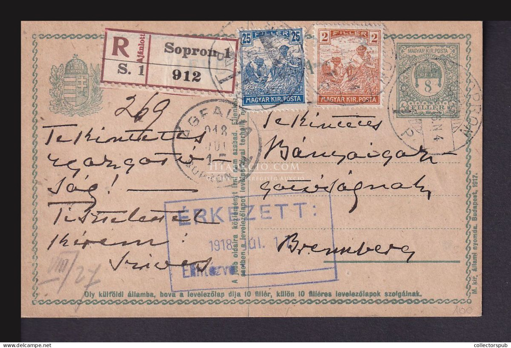 SOPRON 1918. Ajánlott, Kiegészített Díjjegyes Levlap Brennbergbe - Covers & Documents