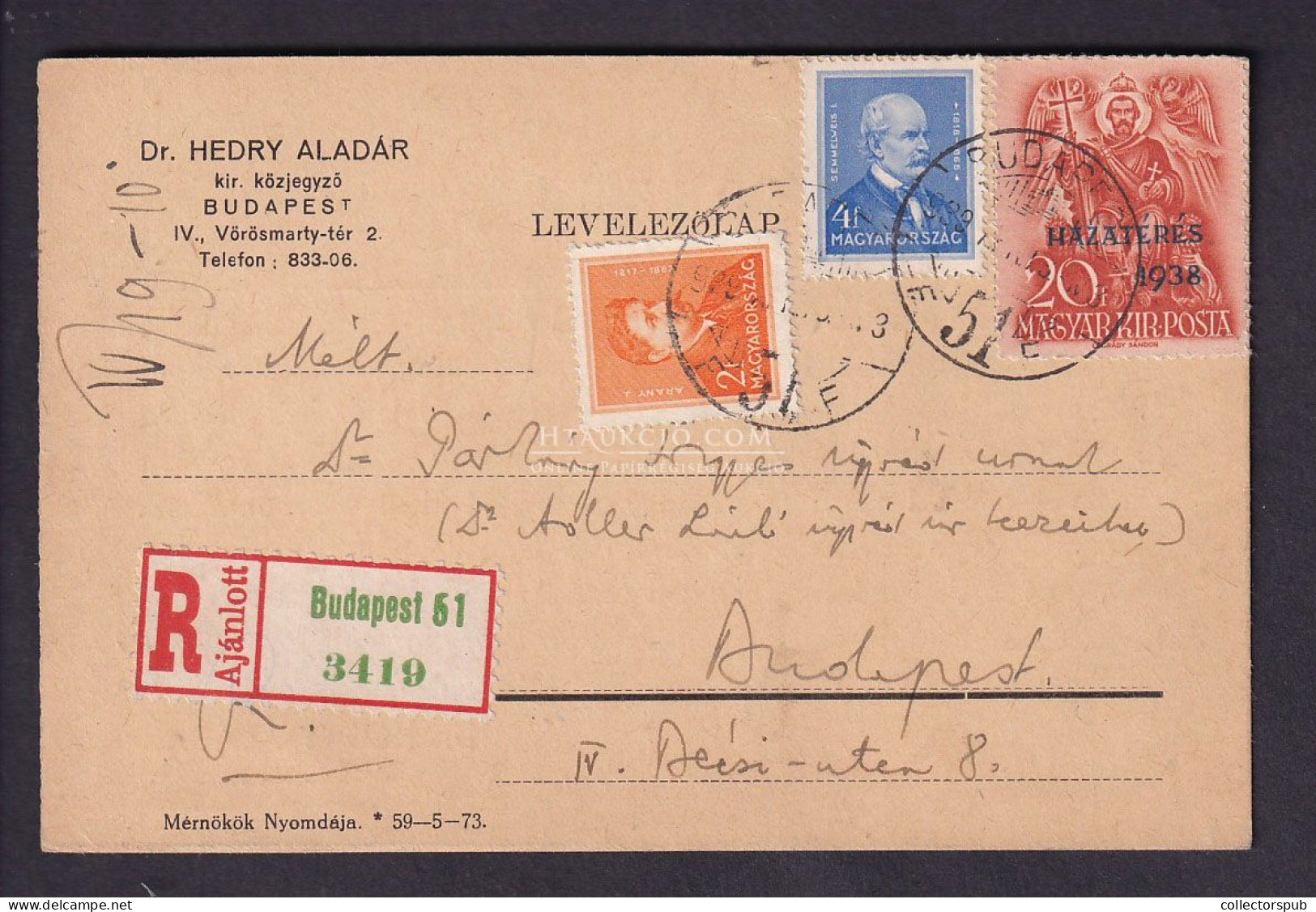 BUDAPEST, 1938. Helyi Ajánlott Levlap Dr Hedry Aladár Közjegyző - Covers & Documents