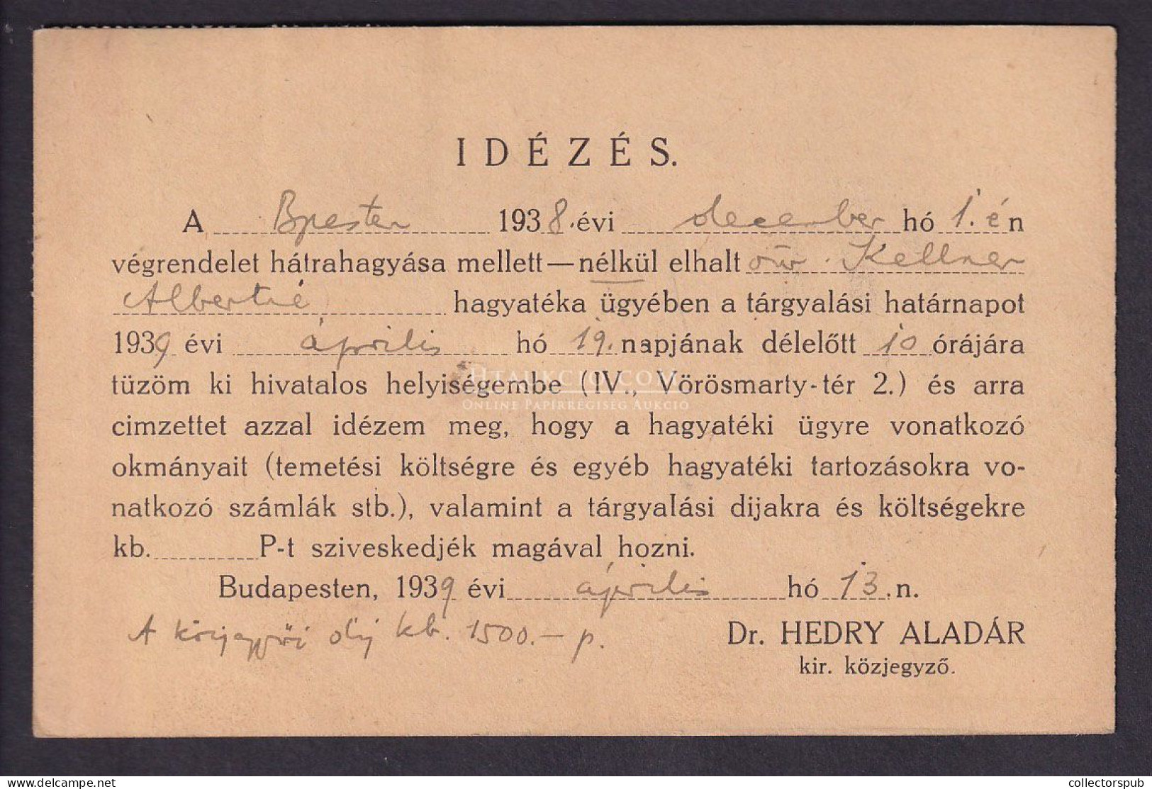 BUDAPEST, 1938. Helyi Ajánlott Levlap Dr Hedry Aladár Közjegyző - Covers & Documents