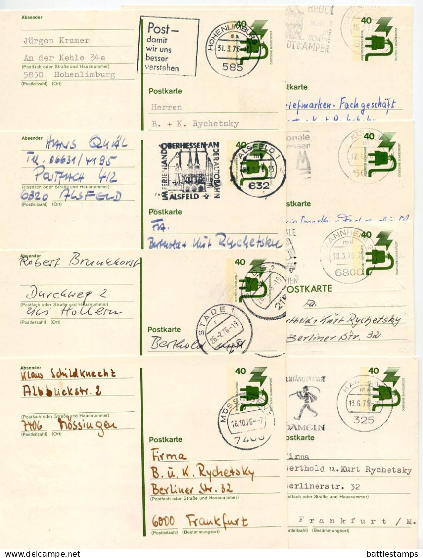 Germany, West 1976 8 Used 40pf. Electrical Safety Postal Cards; Mix Of Postmarks & Slogan Cancels - Postkarten - Gebraucht